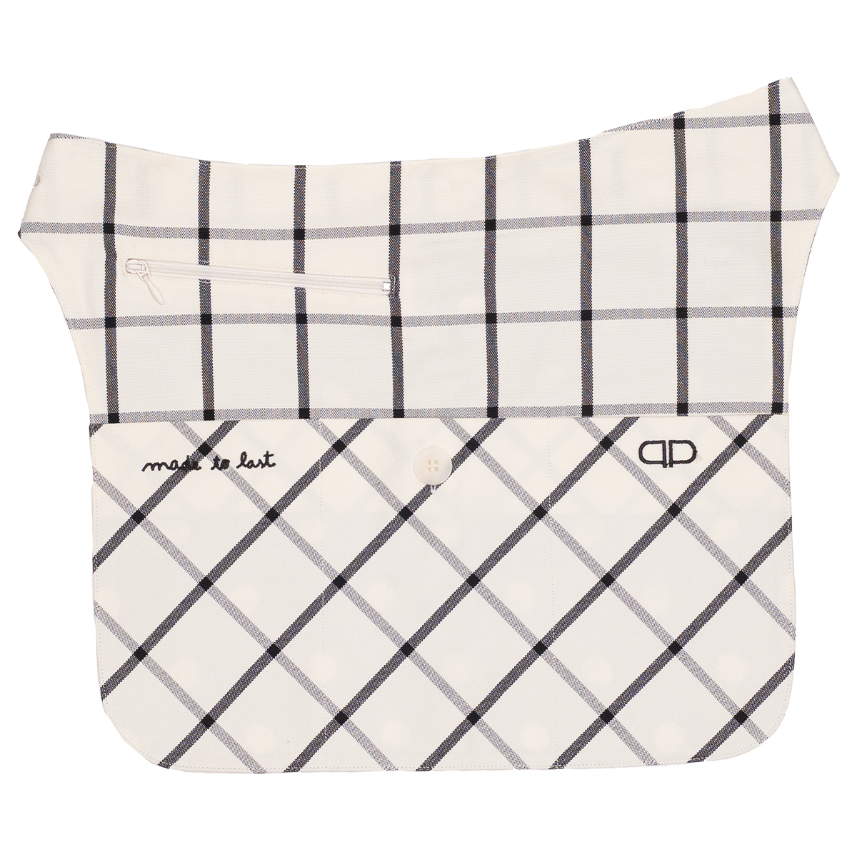 Plaid-patterned bag with 'made to last' branding on a white background