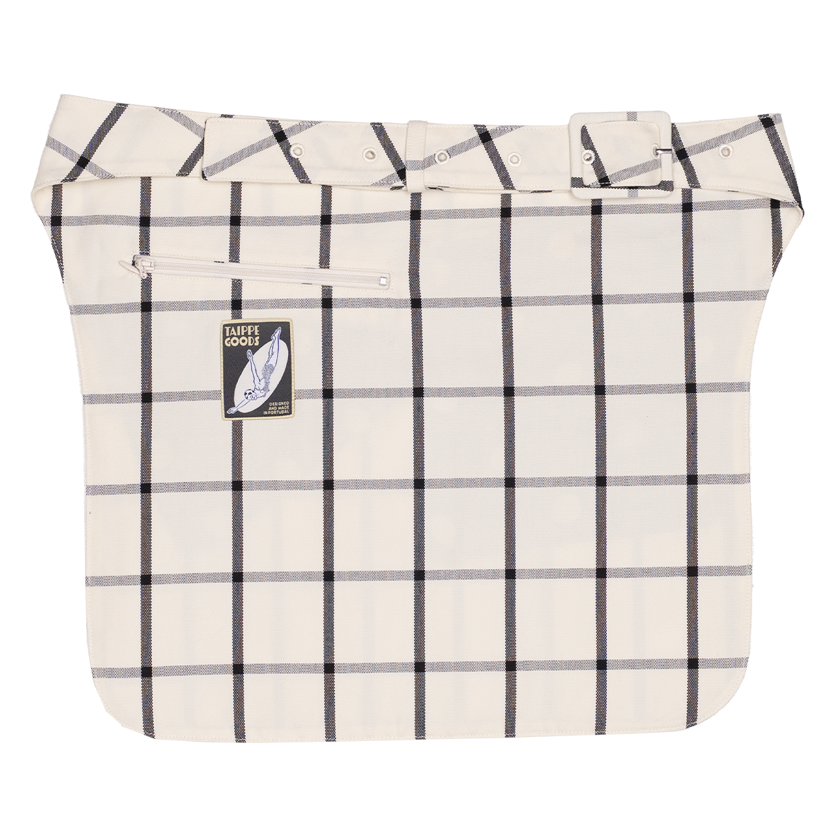 Plaid-patterned bag with a visible brand logo on a white background