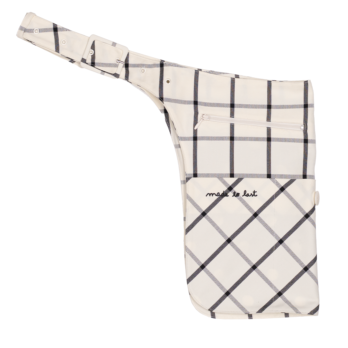 Plaid-patterned bag with 'made to last' text on a white background
