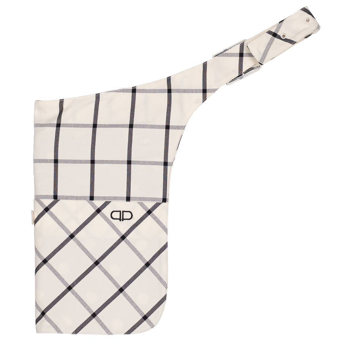 Plaid-patterned bag with a visible brand logo on a white background