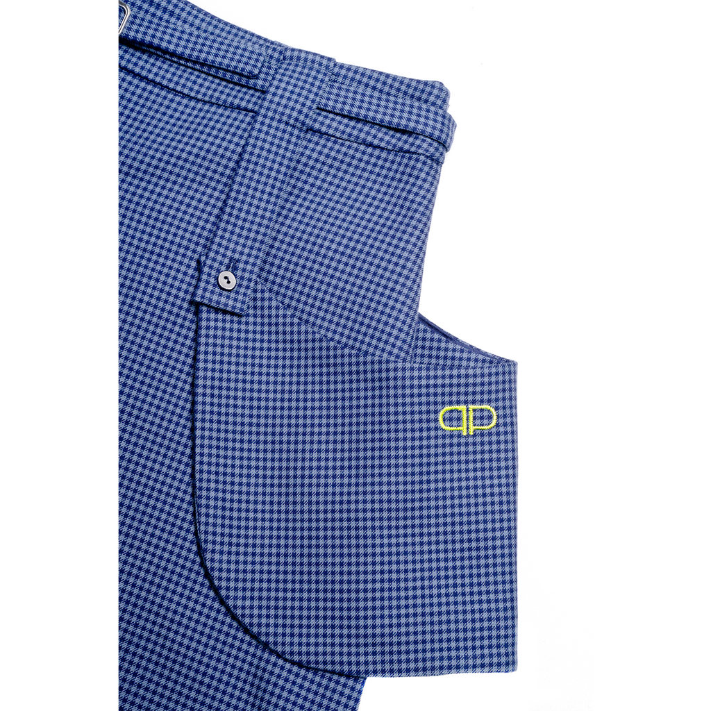 Blue checkered skirt with a logo on a white background