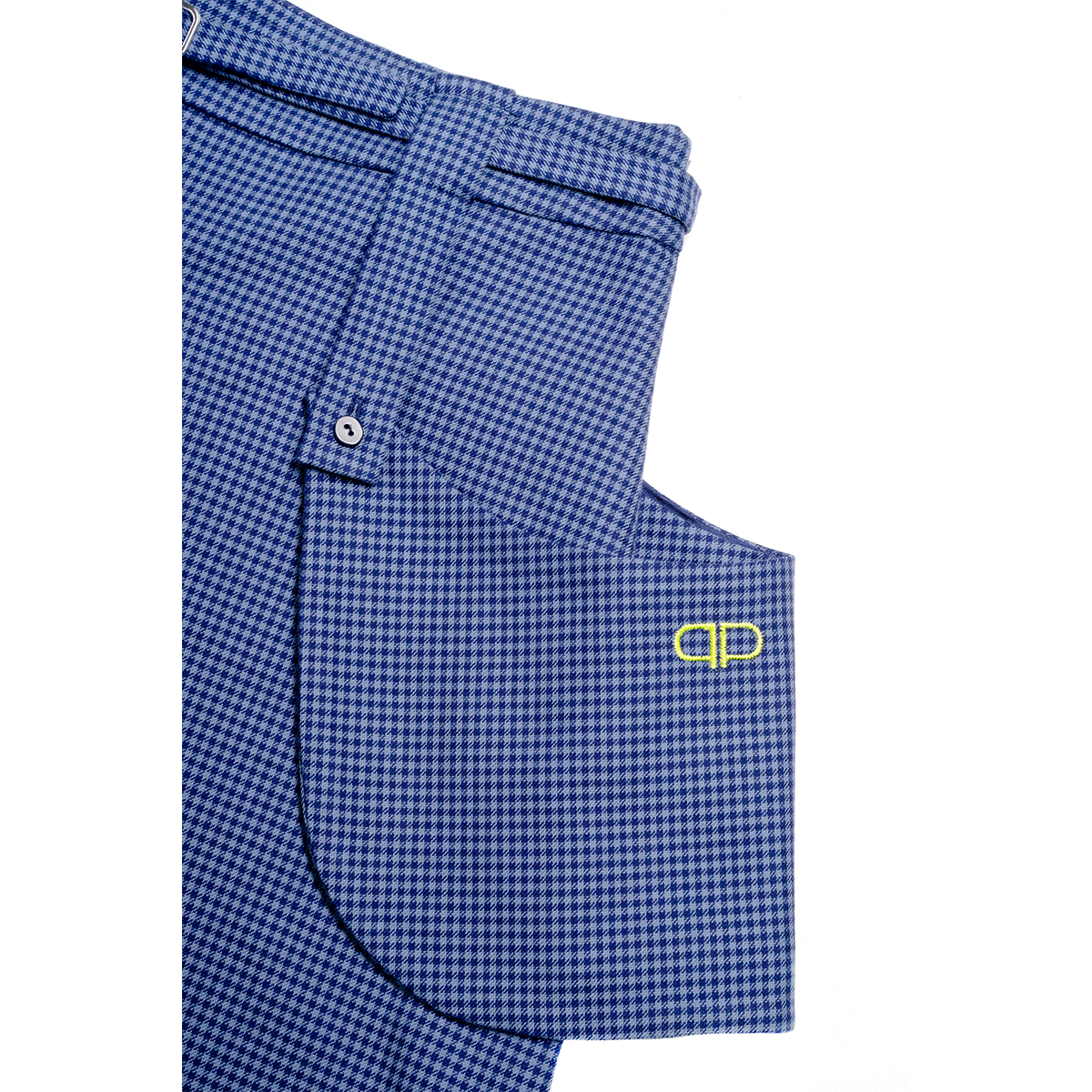 Blue checkered skirt with a logo on a white background