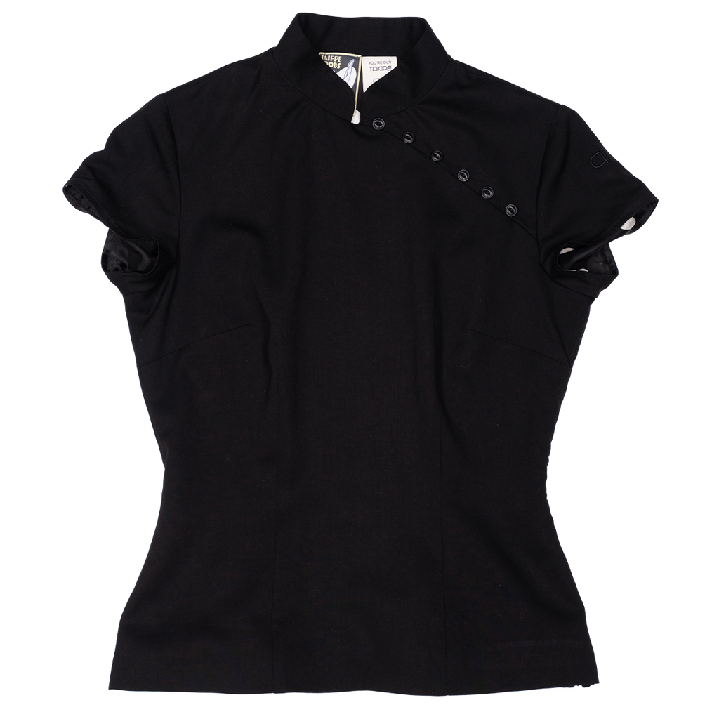 Black short-sleeve top with button details on a white background