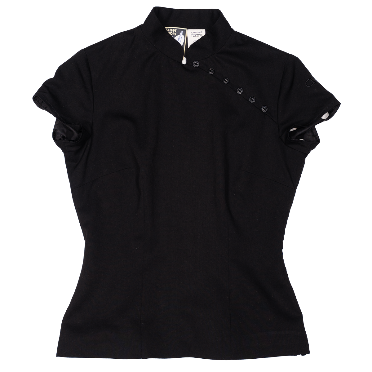 Black short-sleeve top with button details on a white background