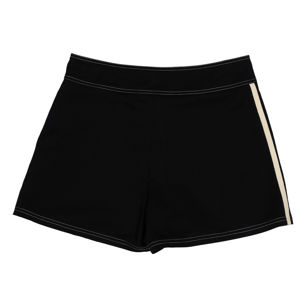 Black shorts with a yellow stripe on a white background