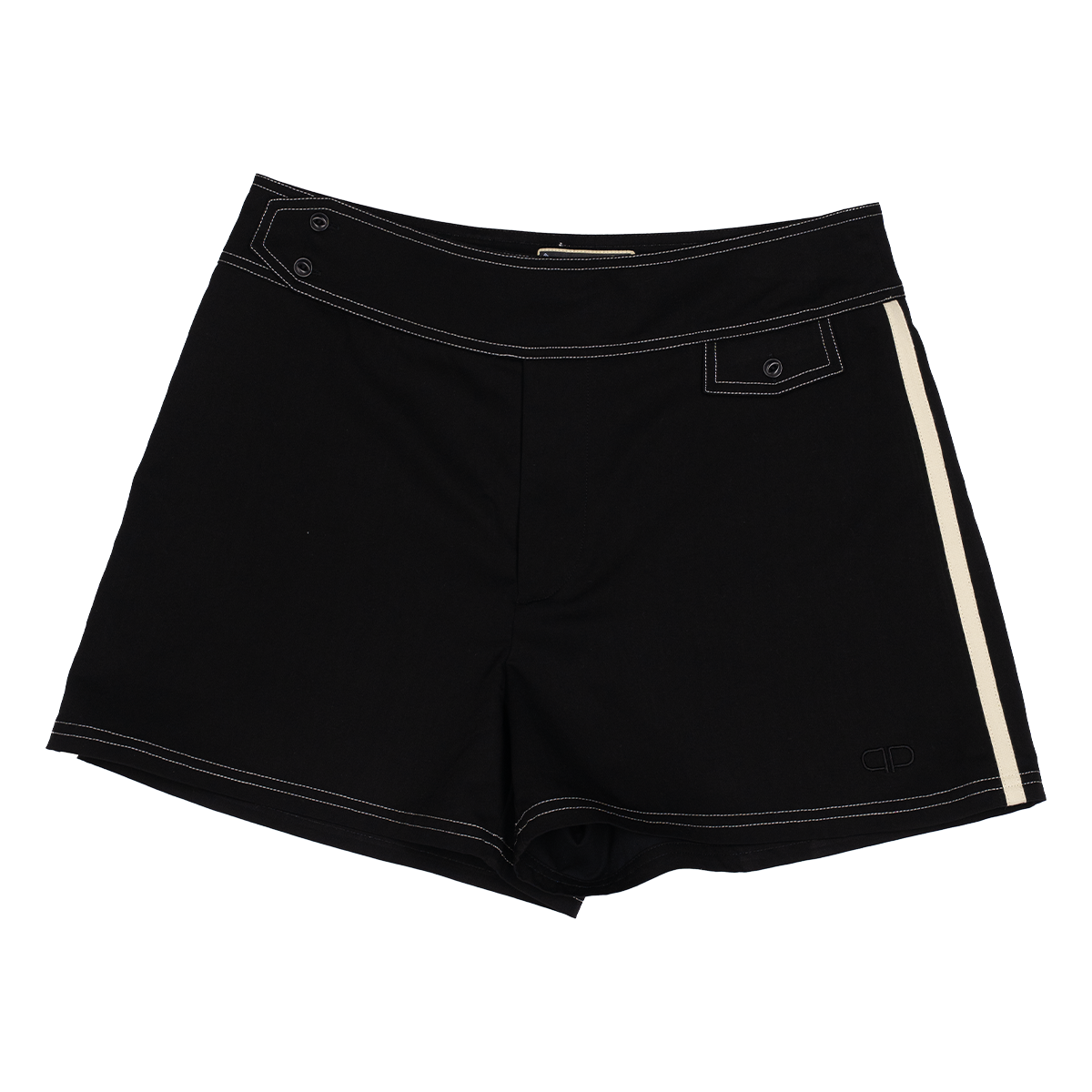 Black shorts with a yellow stripe on a white background