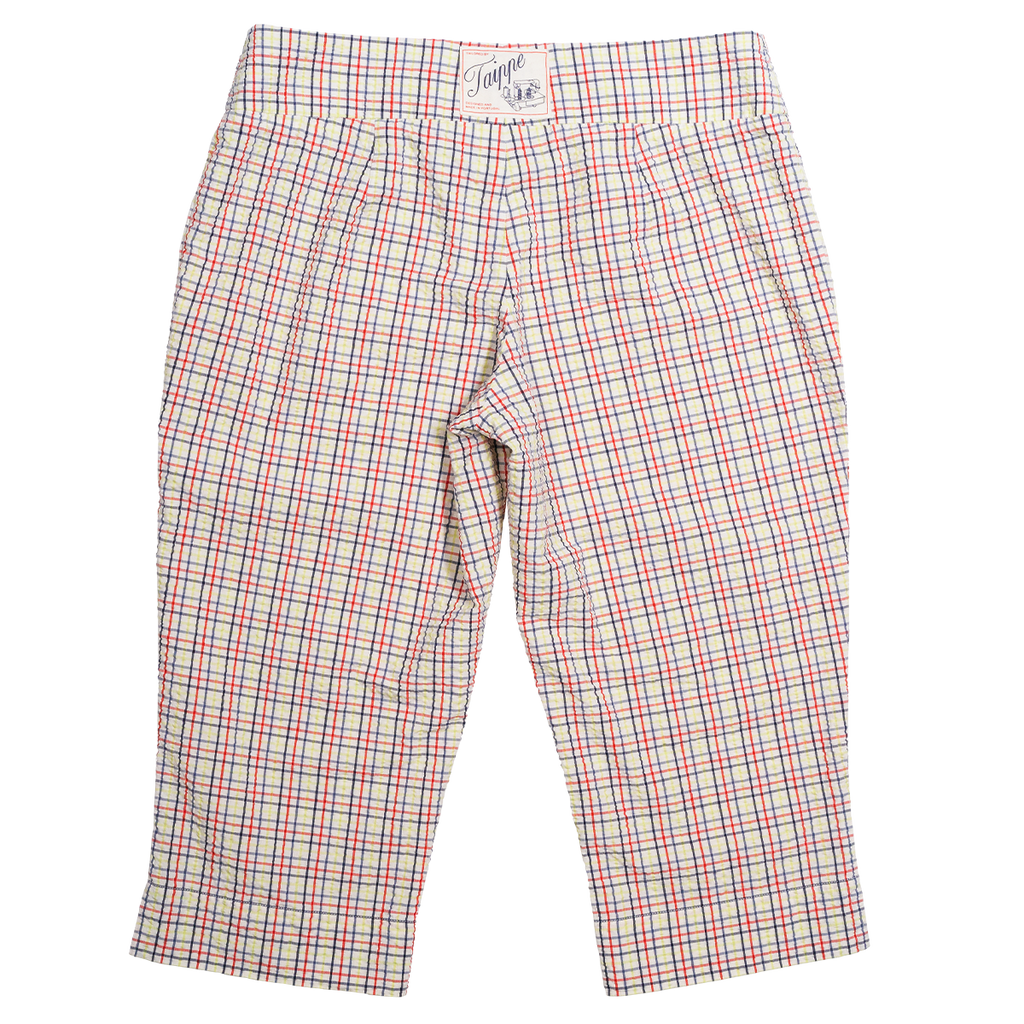 Plaid capri pants with a brand label on a white background