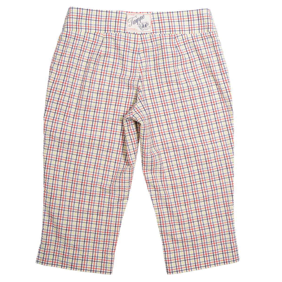 Plaid capri pants with a brand label on a white background