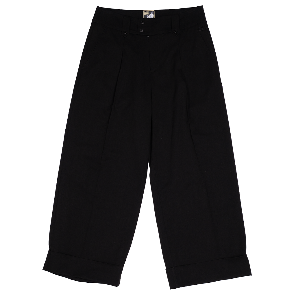 Black wide-leg pants on a white background