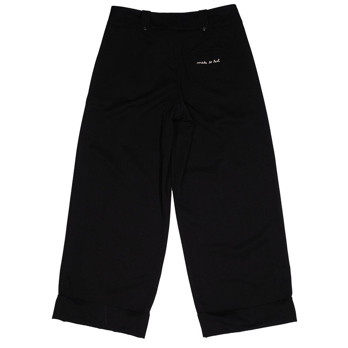 Black pants with text on a white background