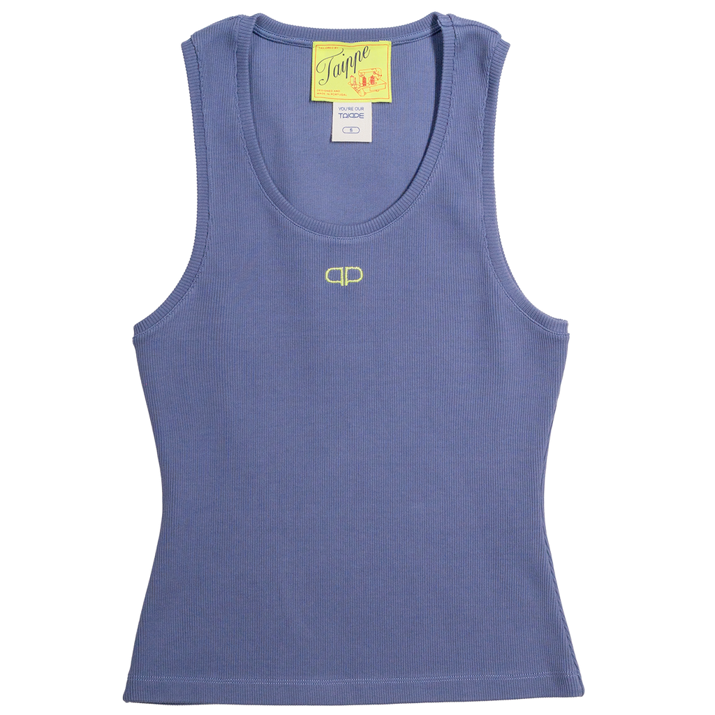 Blue tank top with a brand tag on a white background