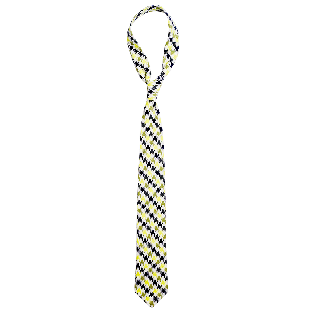 Yellow and navy checkered tie on a white background