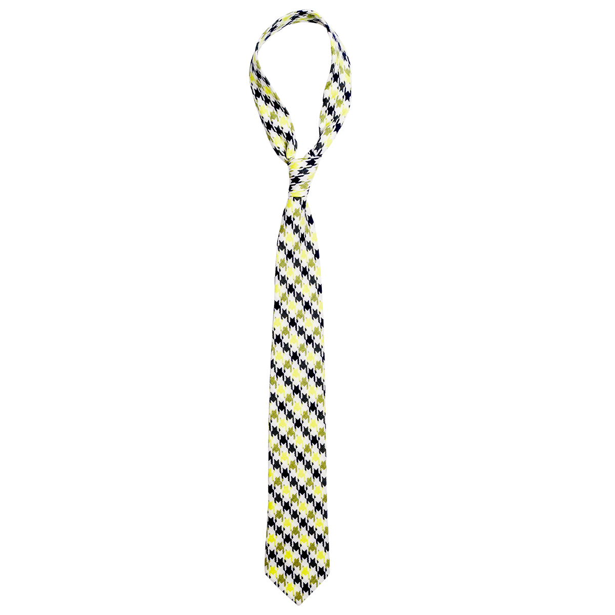 Yellow and navy checkered tie on a white background