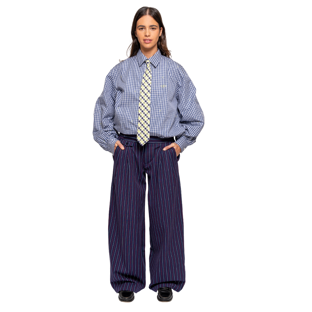 Person wearing a checkered shirt, striped tie, and wide-leg pants on a white background