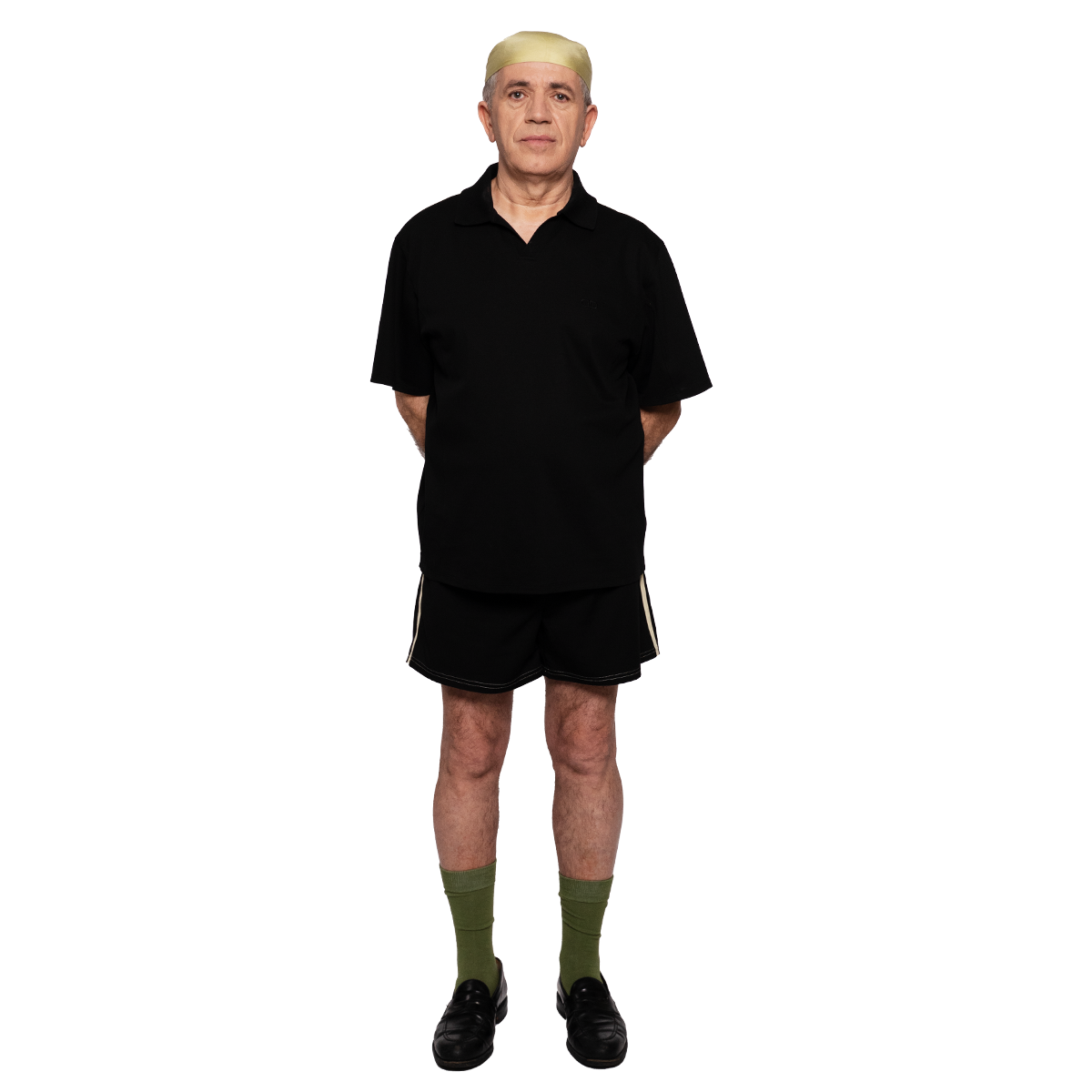 Person wearing a black shirt and shorts set on a white background