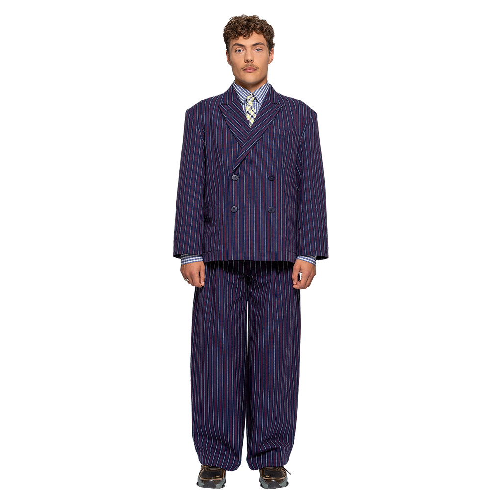 Man wearing a pinstripe suit on a white background