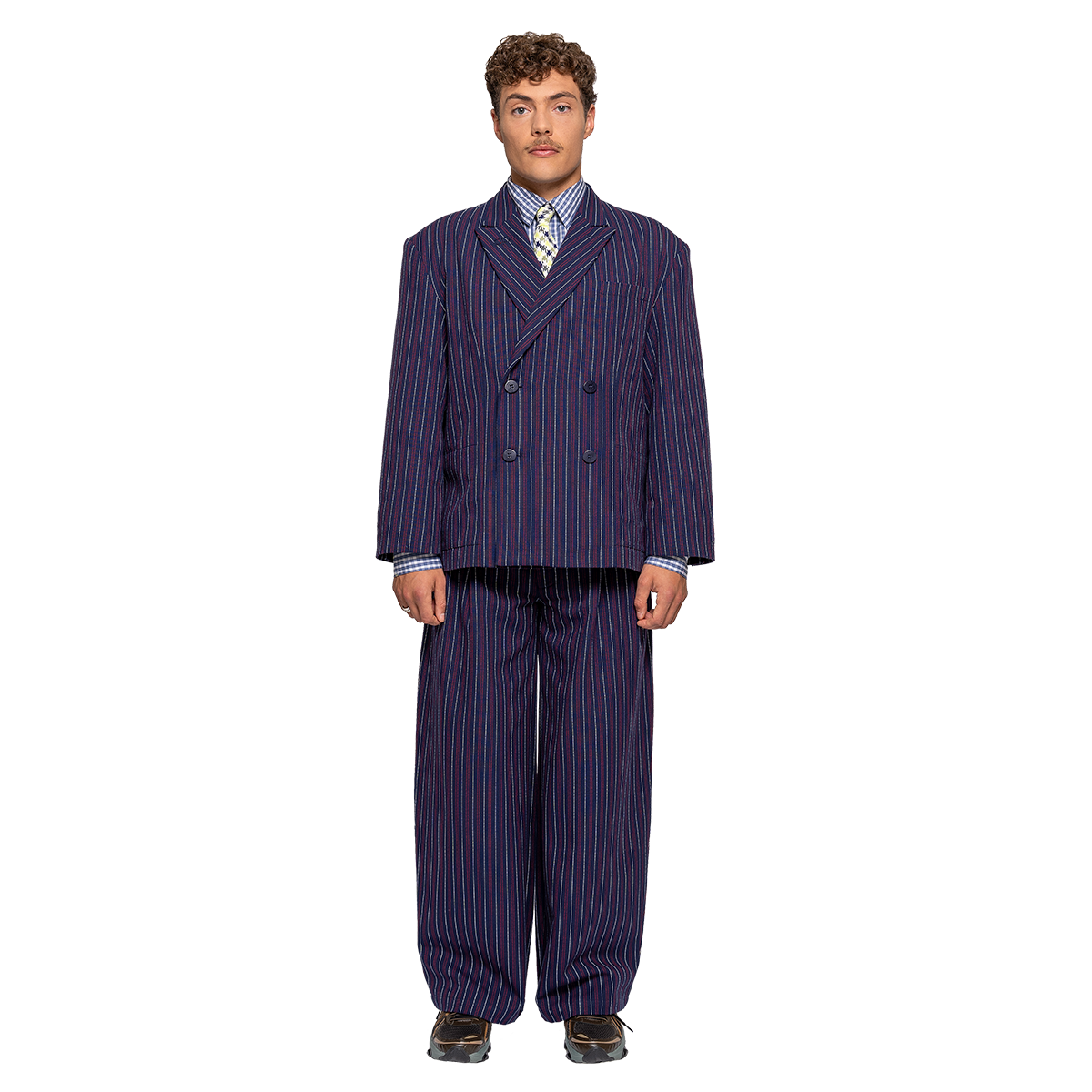 Man wearing a pinstripe suit on a white background