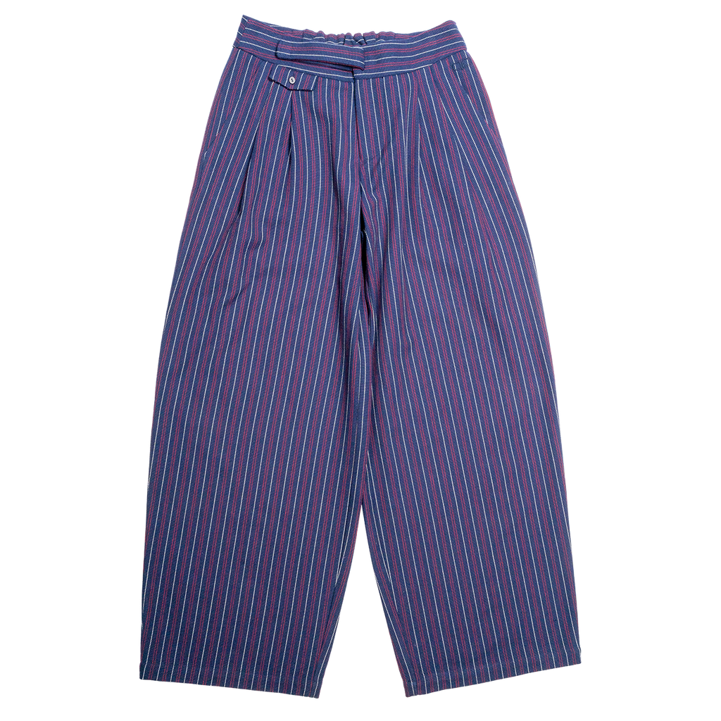 Navy, red and white striped pants on a white background
