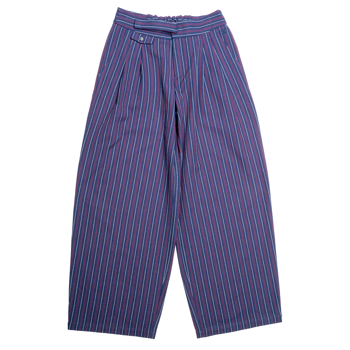 Navy, red and white striped pants on a white background