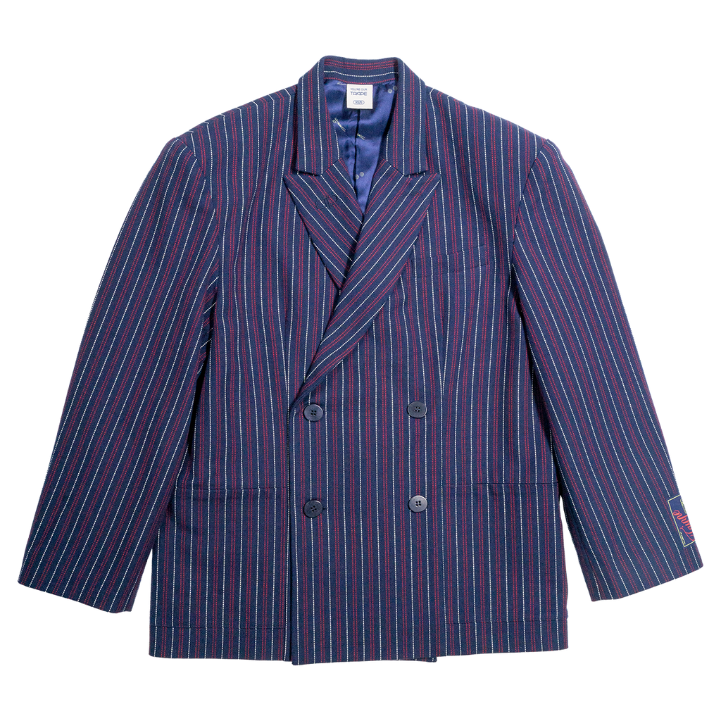 Navy and red striped blazer on a white background