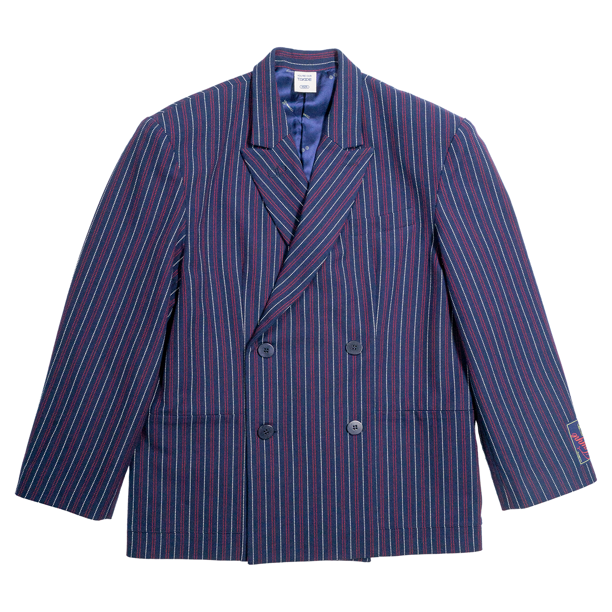Navy and red striped blazer on a white background