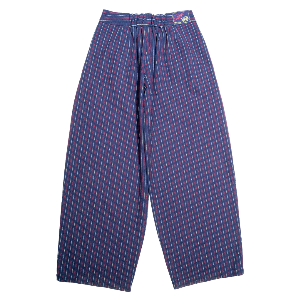 Pair of blue and red striped pants on a white background