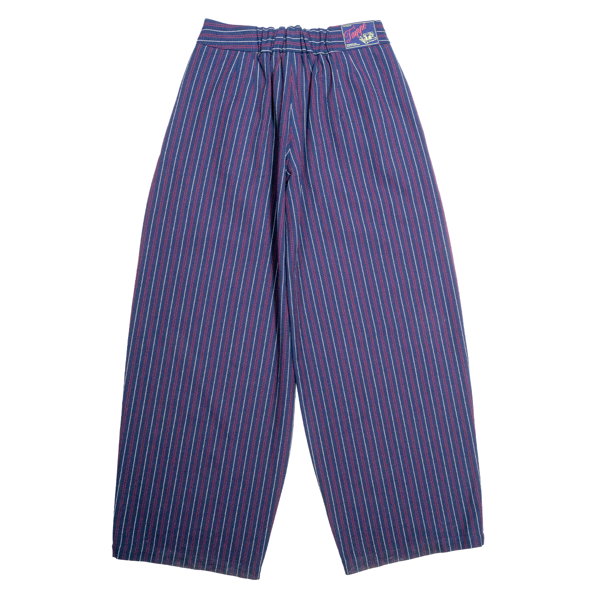 Pair of blue and red striped pants on a white background