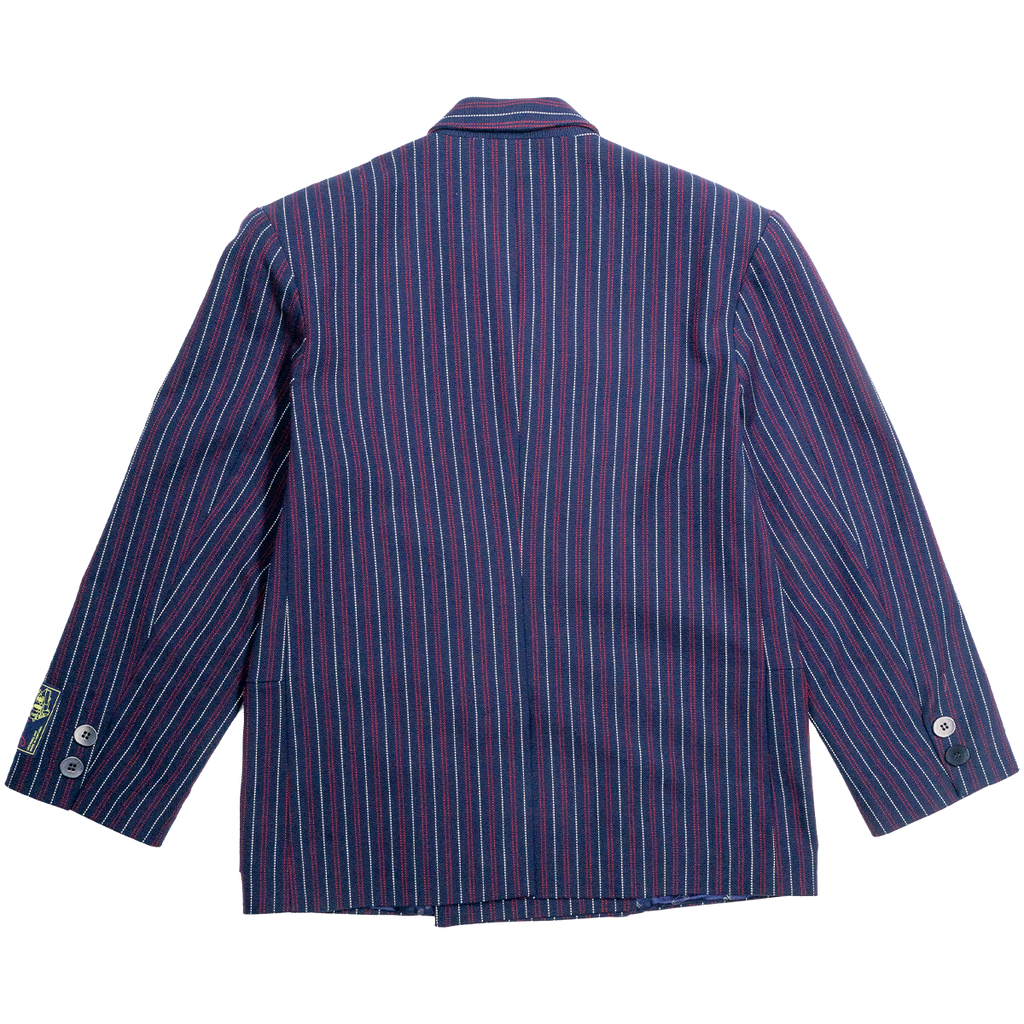 Back view of a striped blazer on a white background