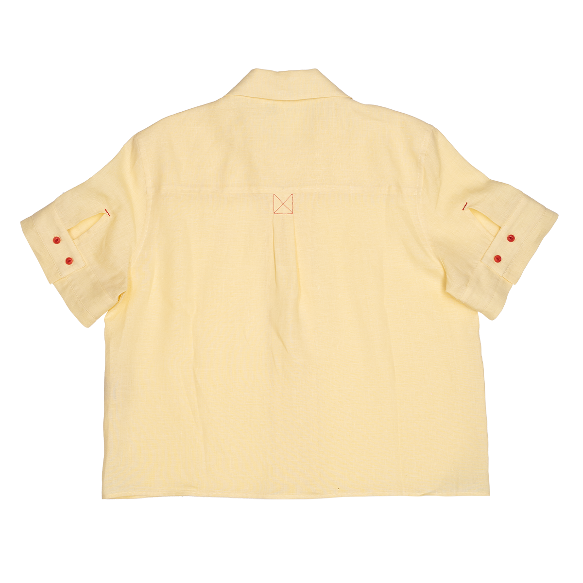 Back view of a light yellow shirt with short sleeves on a white background