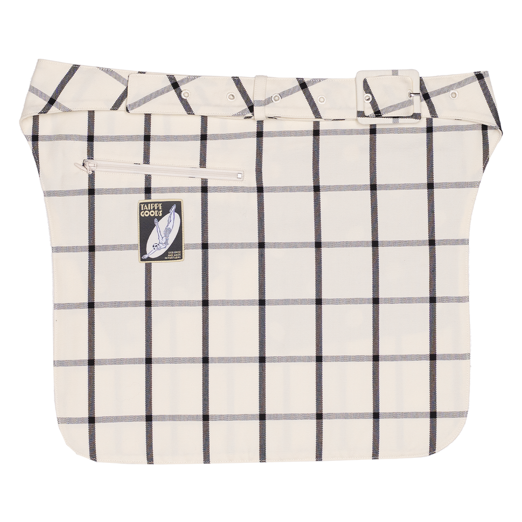 Plaid-patterned bag with a visible brand logo on a white background
