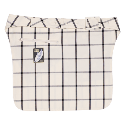 Plaid-patterned bag with a visible brand logo on a white background