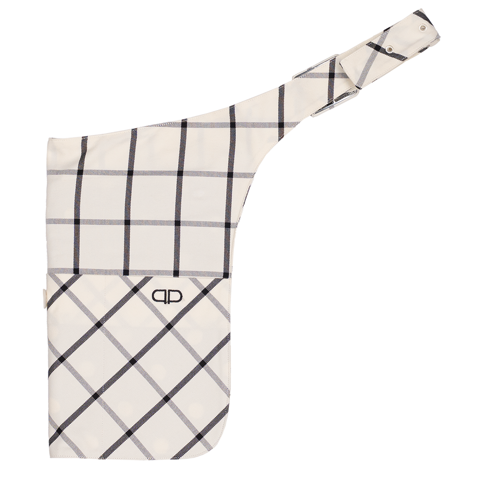 Plaid-patterned bag with a visible brand logo on a white background
