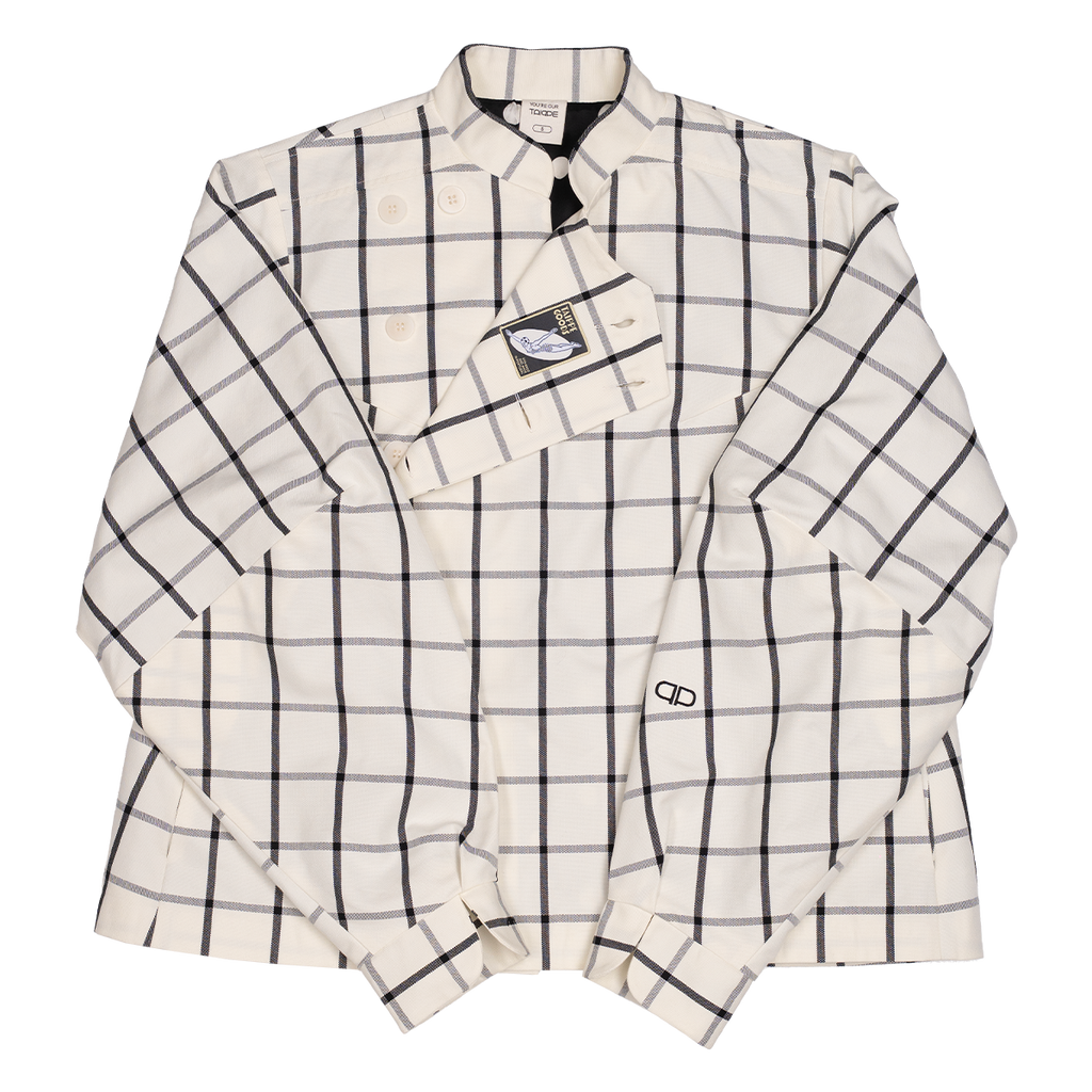 White jacket with black checkered pattern on a white background