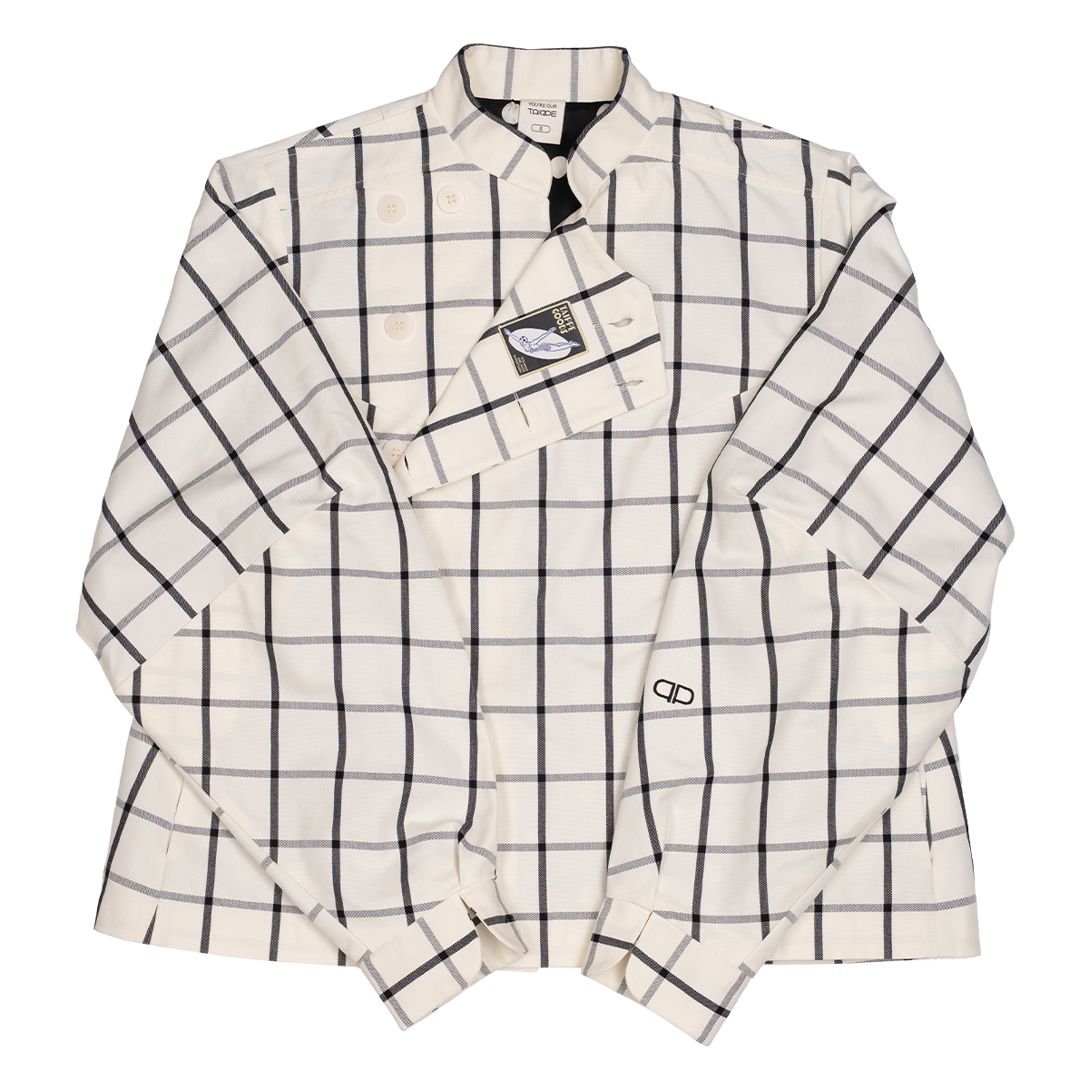White jacket with black checkered pattern on a white background