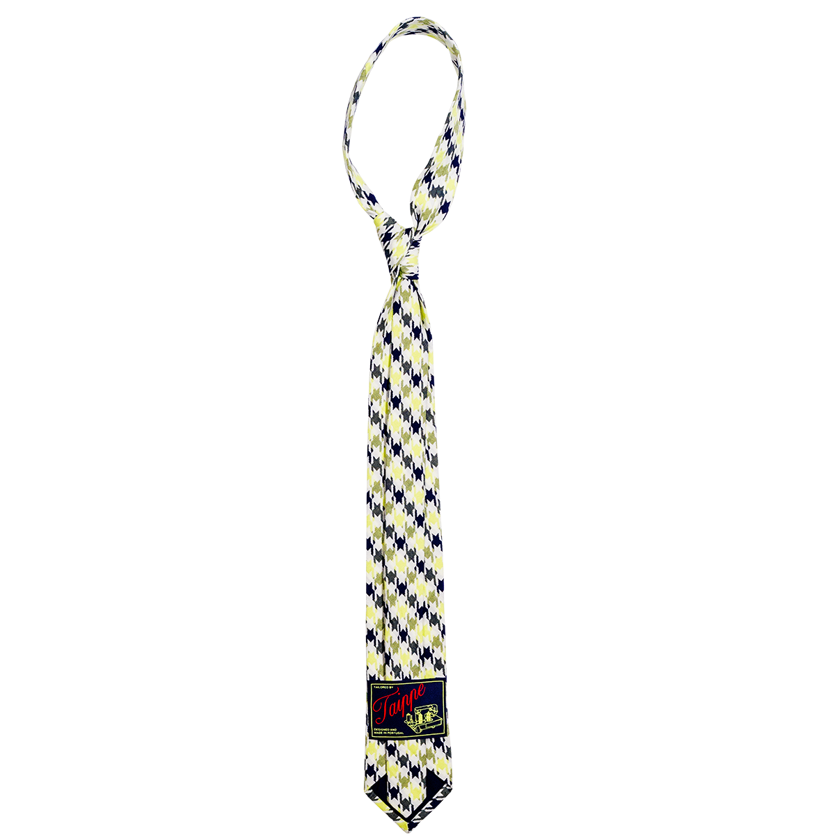 Checkered tie with a brand label on a white background