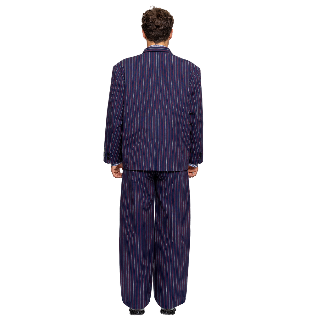 Man wearing a striped suit on a white background