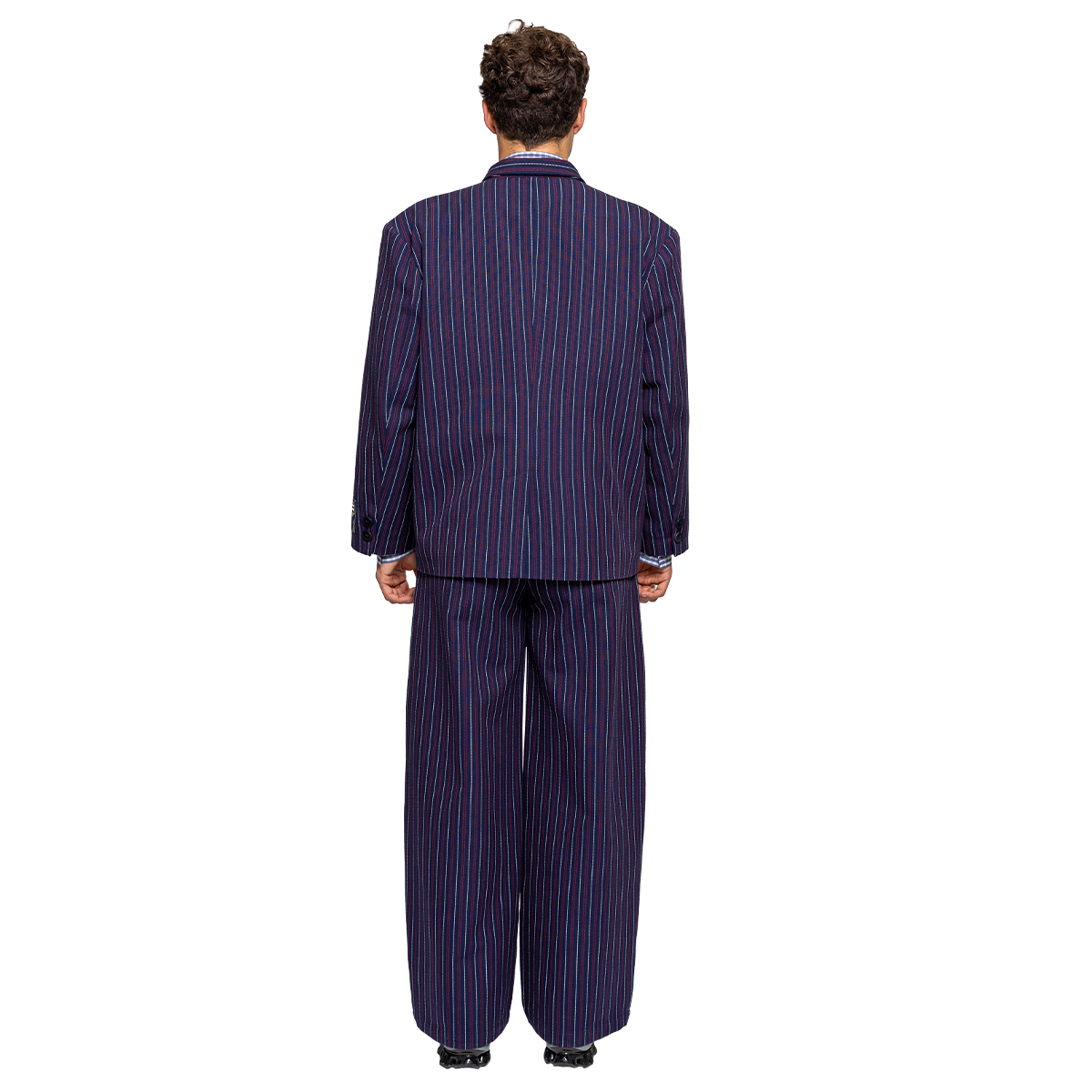 Man wearing a striped suit on a white background