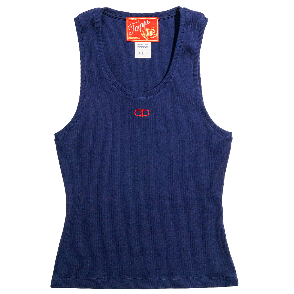 Blue tank top with a brand label on a white background