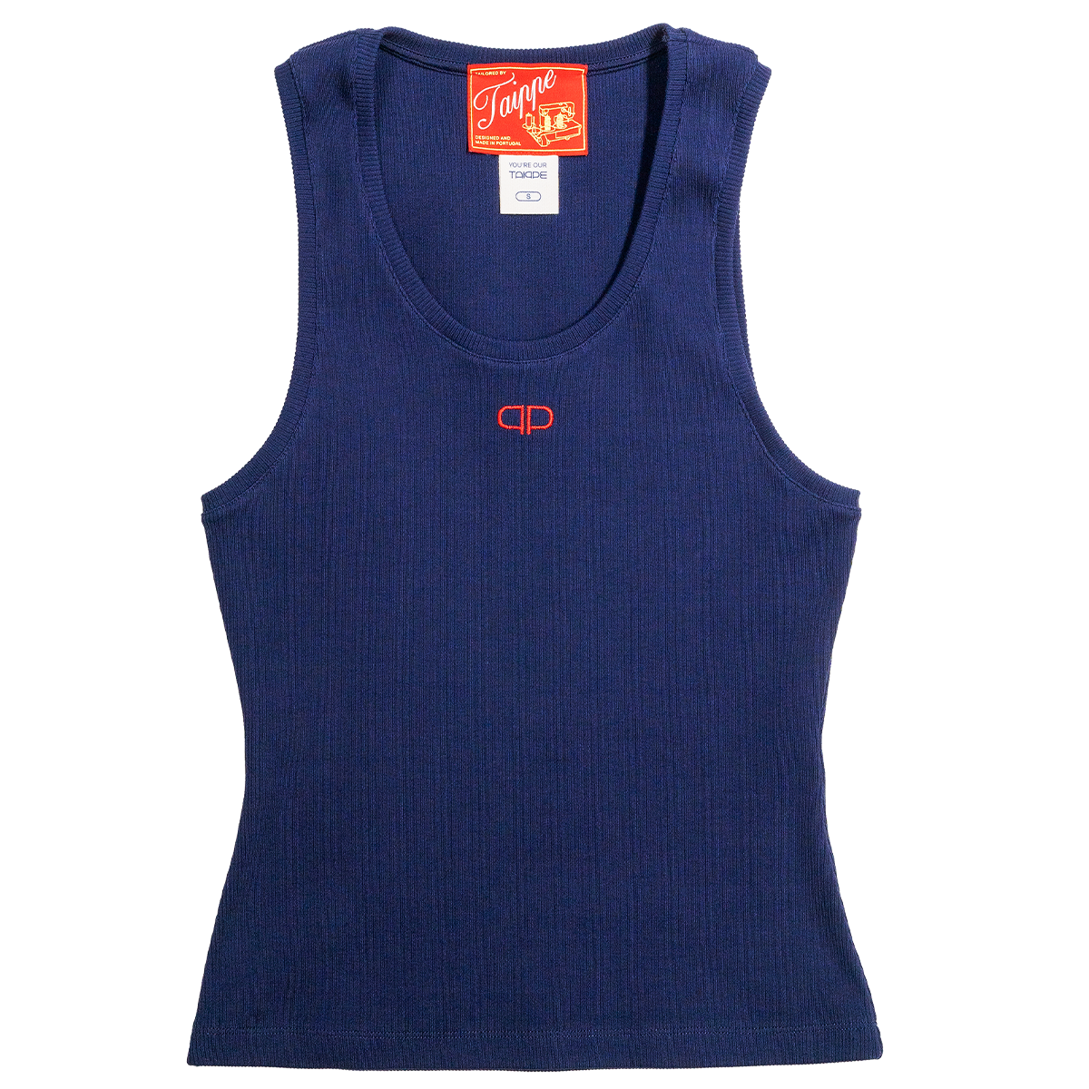 Blue tank top with a brand label on a white background