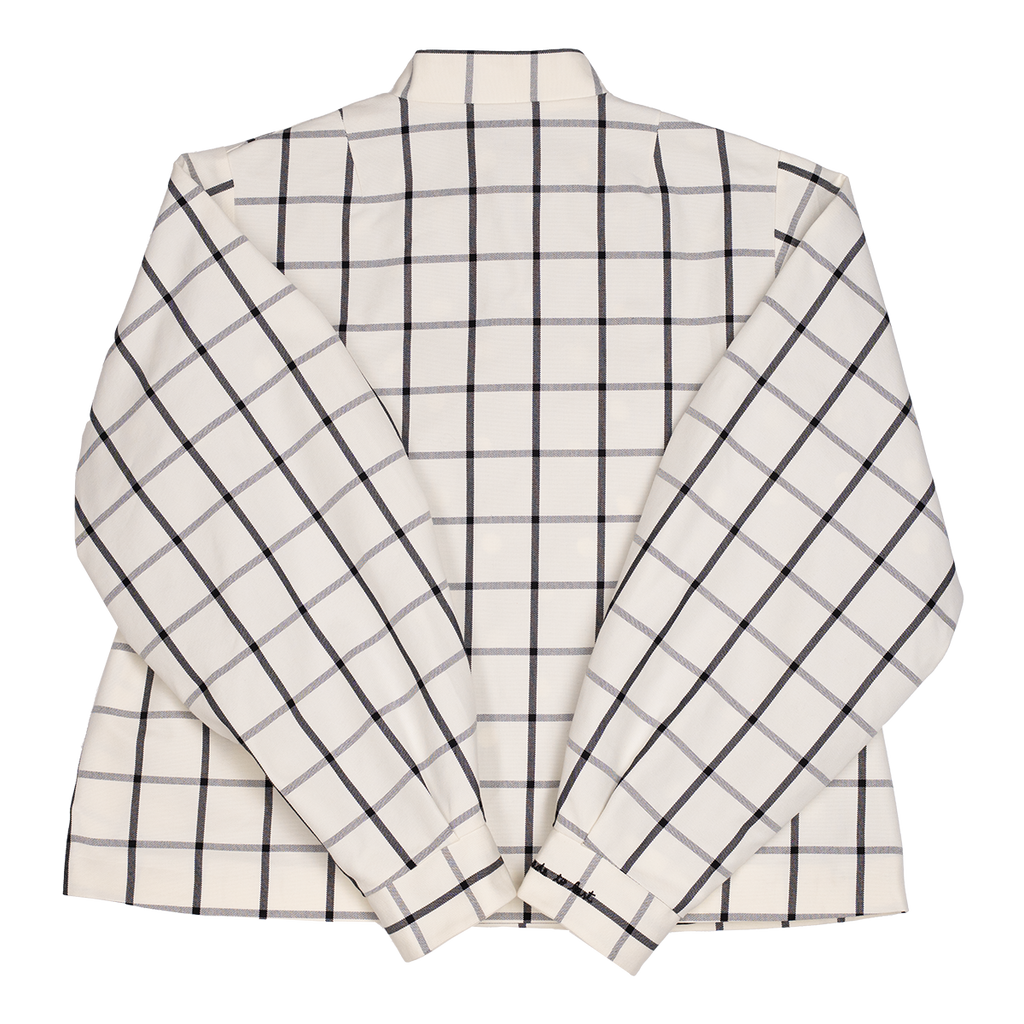 White jacket with black grid pattern on a white background