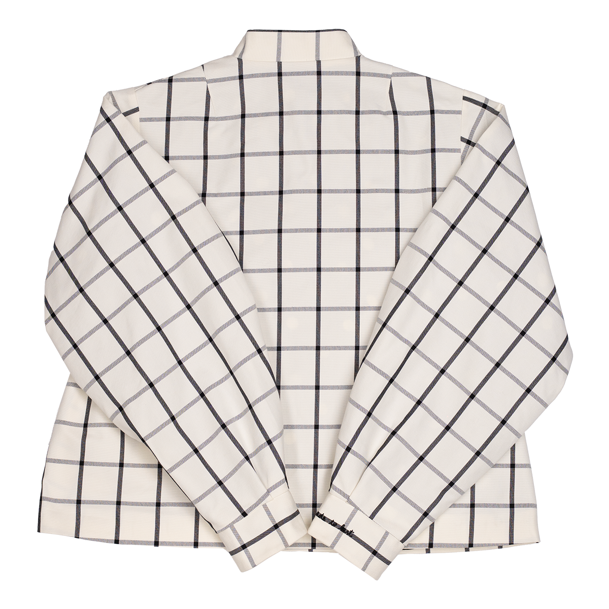 White jacket with black grid pattern on a white background