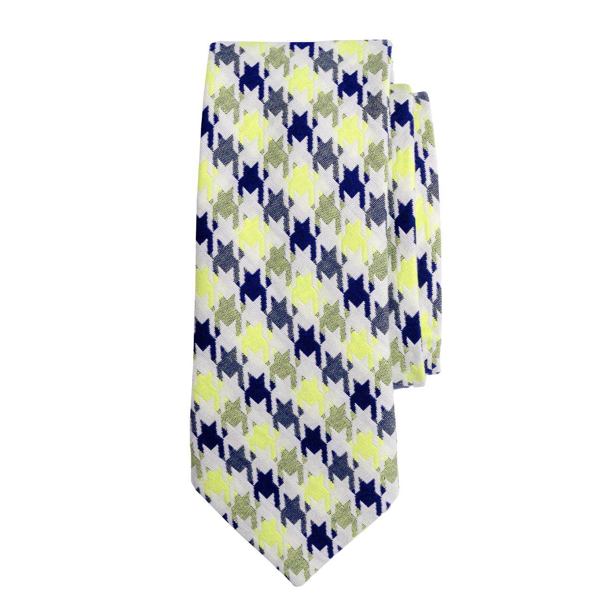 Patterned tie with blue, green, and yellow design on a white background