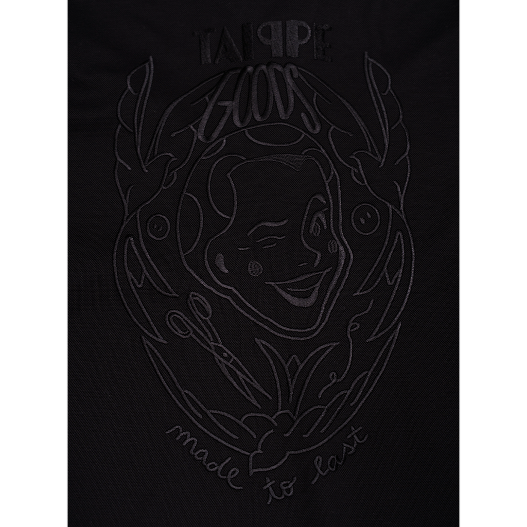 Black t-shirt with black embroidered design and text on a white background