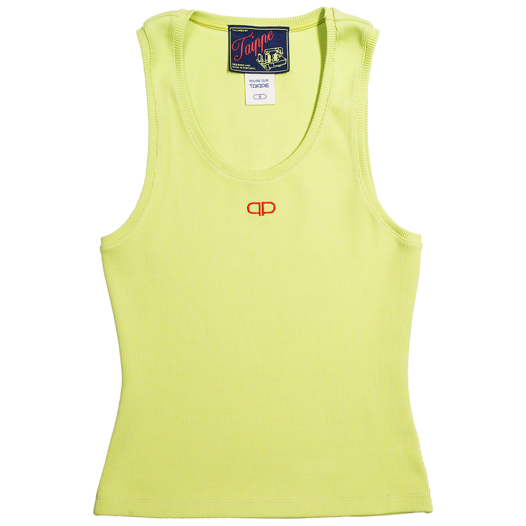 Lime tank top with a red logo on a white background