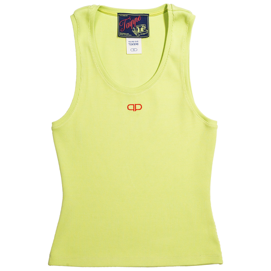 Lime tank top with a red logo on a white background