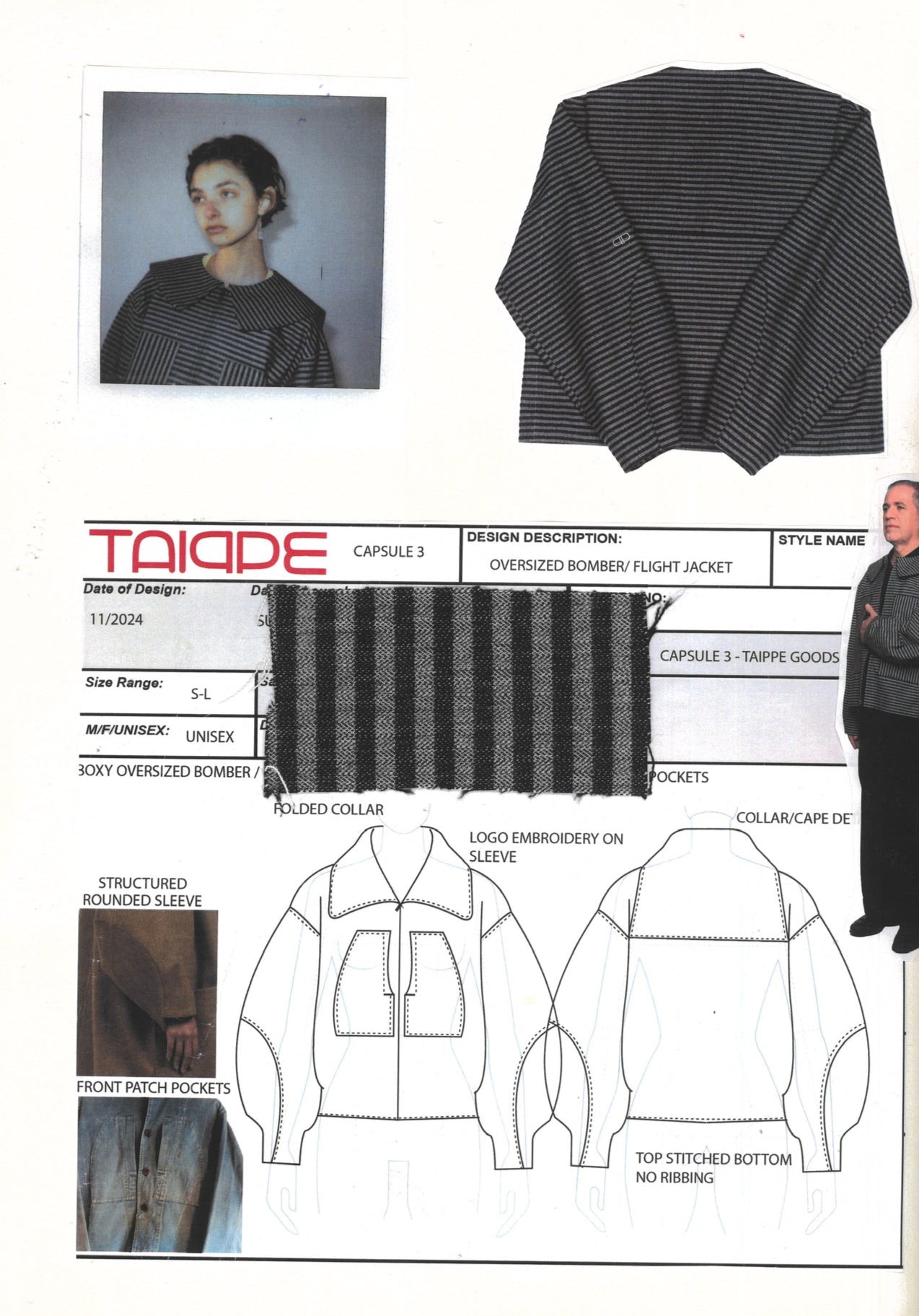 Design document for a striped bomber flight jacket with text and illustrations.
