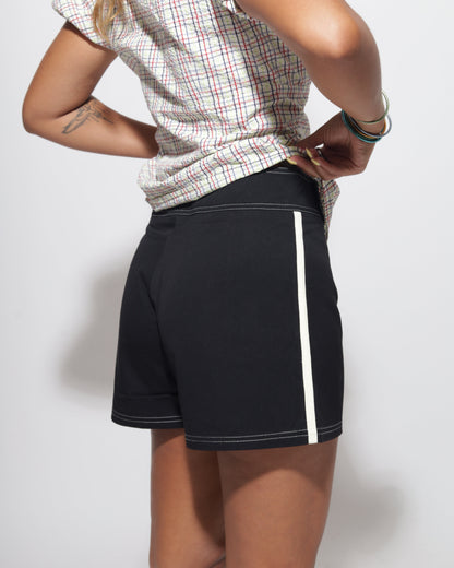 Person wearing black shorts with yellow trim on a plain background