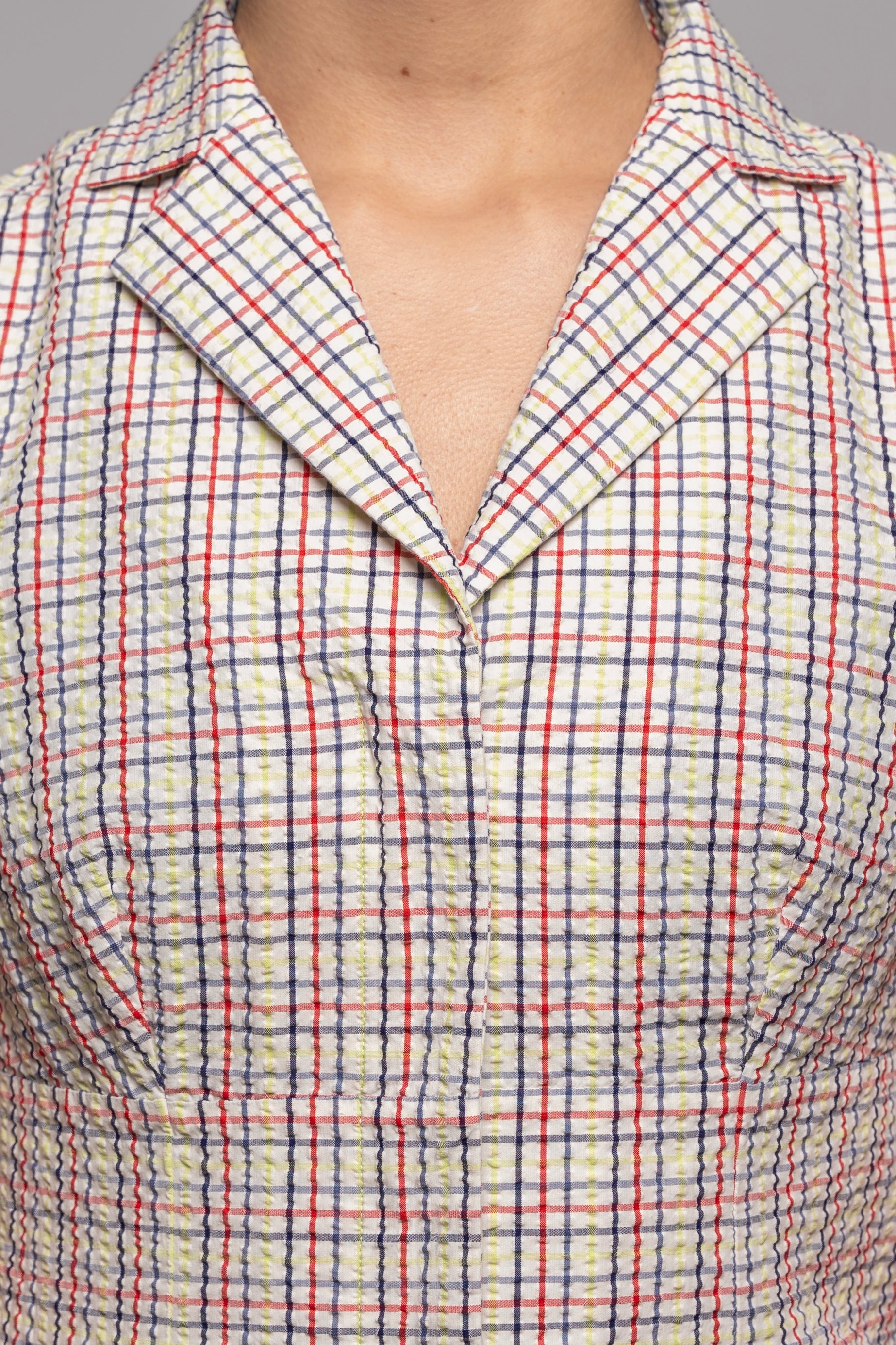 Close-up of a person wearing a plaid blouse with red and blue lines 